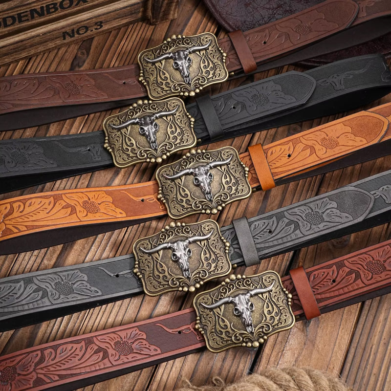 Western Cowboy PU Leather Belt with Bull Decoration and Floral Engraving