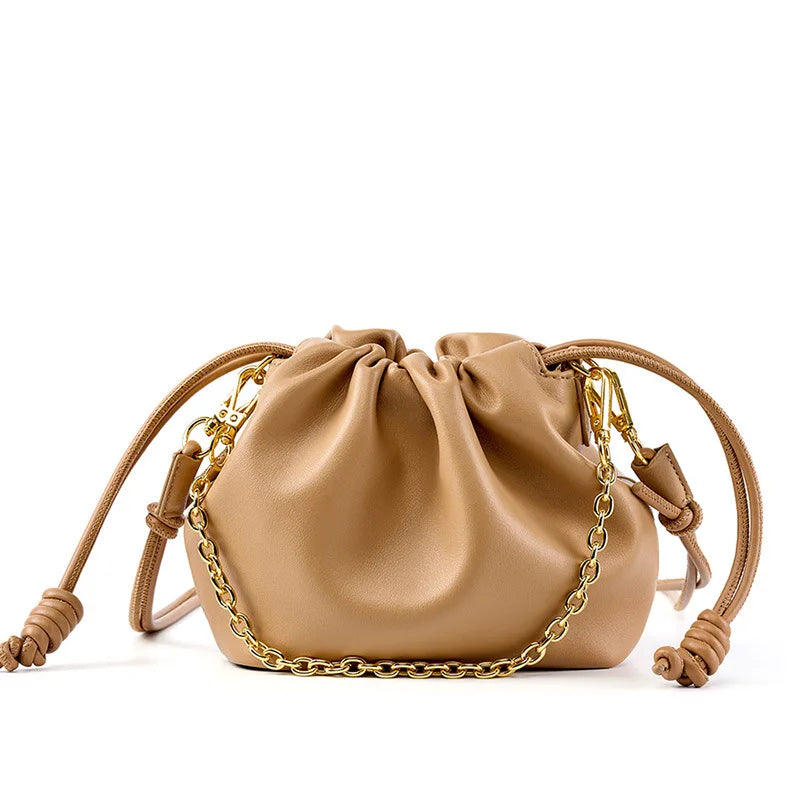 Leather Cloud Chain Handbag - Small Luxury Pleated Bucket Bag