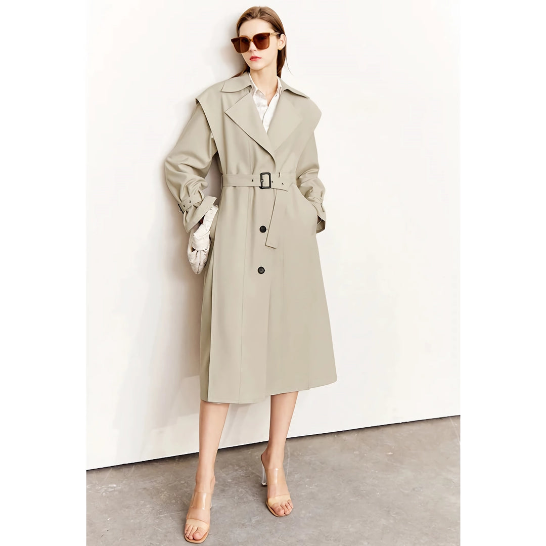 Minimalist Long Trench Coat for Women - Autumn Turndown Neck Patchwork Single Breasted