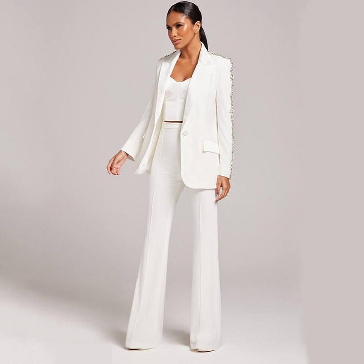 Elegant Designer Women's Beaded Blazer and Flare Pants Suit Set
