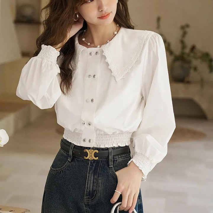 Korean Doll Neck Lace Patchwork Bubble Sleeve Top