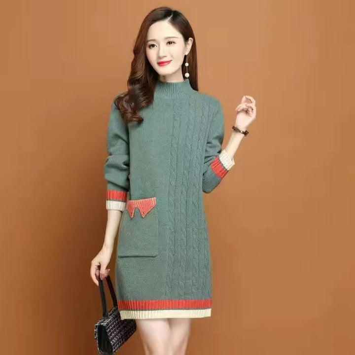 Mid-length Loose Casual Thickening Half Turtleneck Underwear Knitted Dress