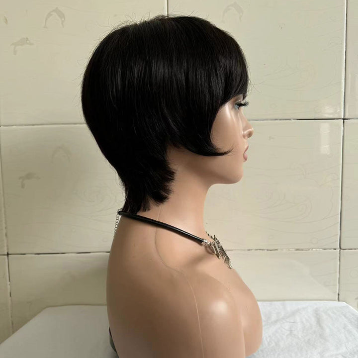 Short Straight Wig Women's Short Hair Head Cover Real Human Hair