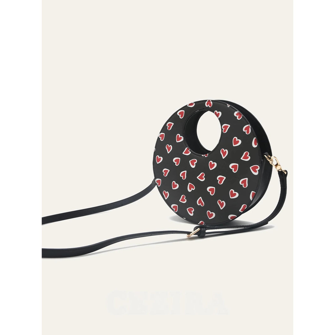 Chic Round Vegan Leather Heart-Print Crossbody Bag