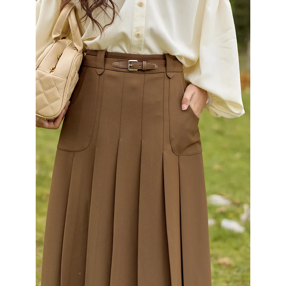 High Waist Pleated A-Line Skirt with Decorative Belt and Pockets