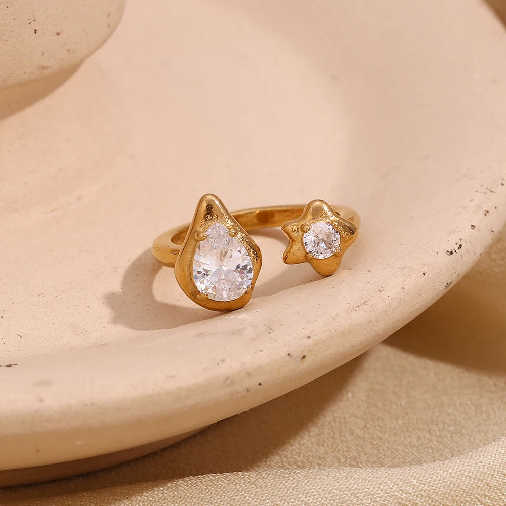 Asymmetric Water Droplets Star Ring, 18K Gold Plated Zircon Stainless Steel