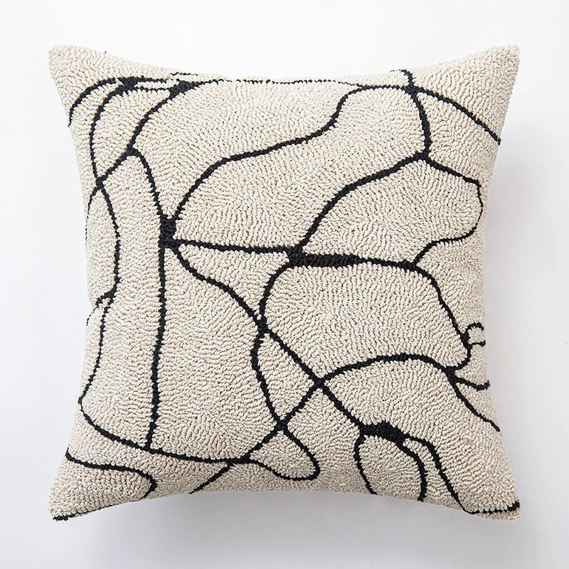 Black and White Geometric Embroidered Cushion Cover - 18x18in Modern Handmade Pillow Cover