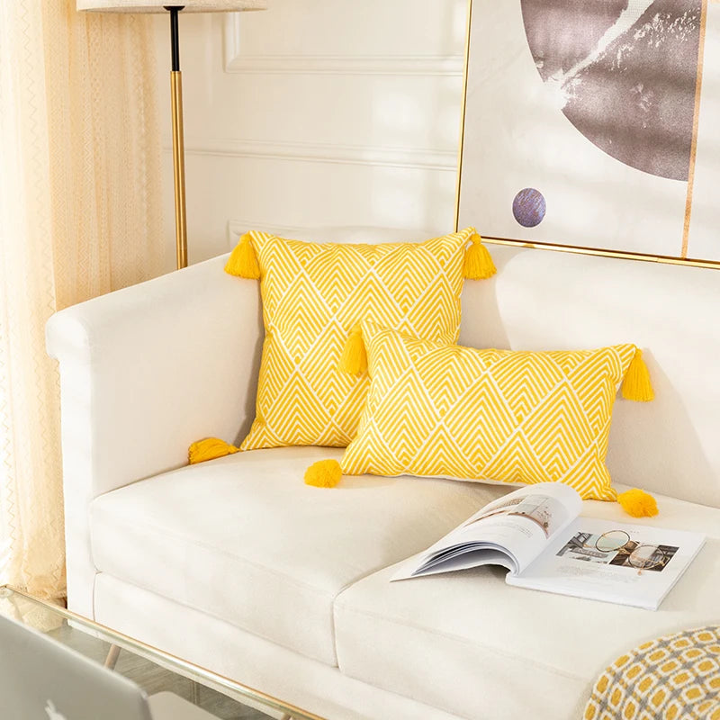 Yellow Geometric Embroidery Cushion Covers