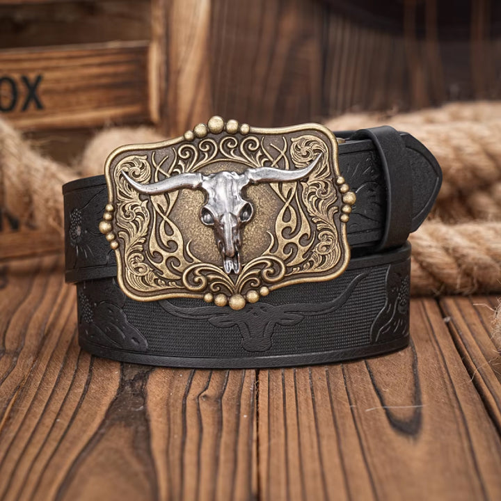 Western Cowboy PU Leather Belt with Bull Decoration and Floral Engraving