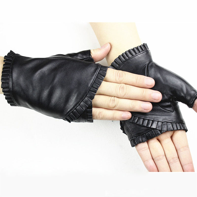 Women's Leather Fashion Ruffled Half-finger Gloves