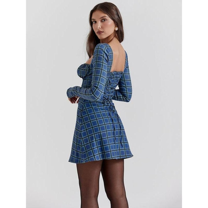 Chic Tartan Backless Mini Dress with Square Collar and Lace-Up Detail