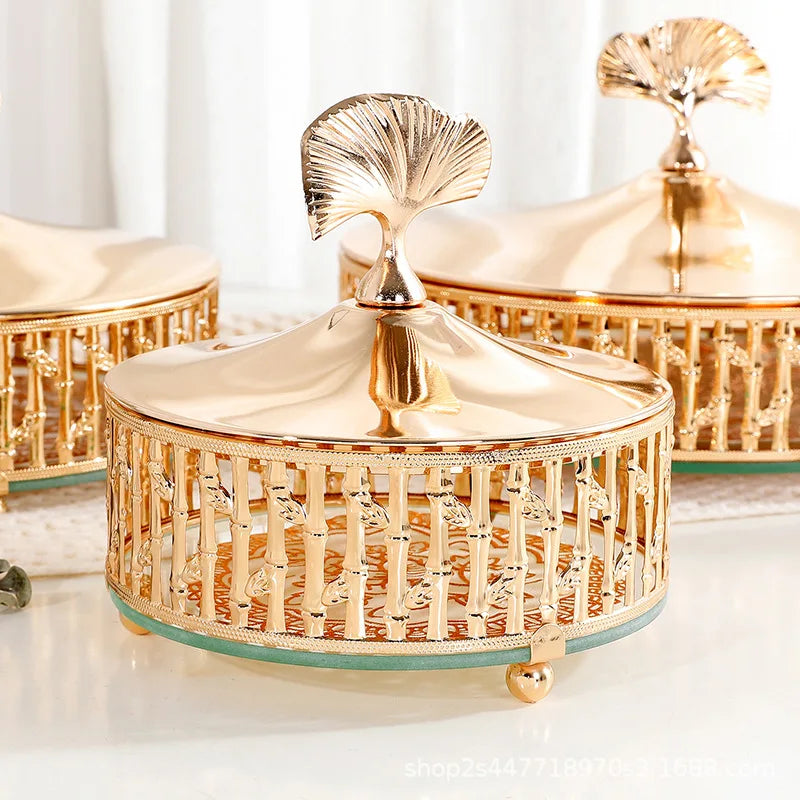 Gilded Apricot Leaf Metal Storage Jar with Lid