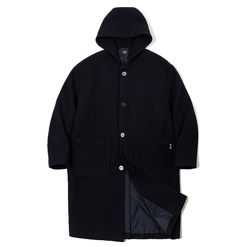 Workwear Retro College Style Wool Overcoat Hooded Warm Mid-length Woolen Coat For Men Winter