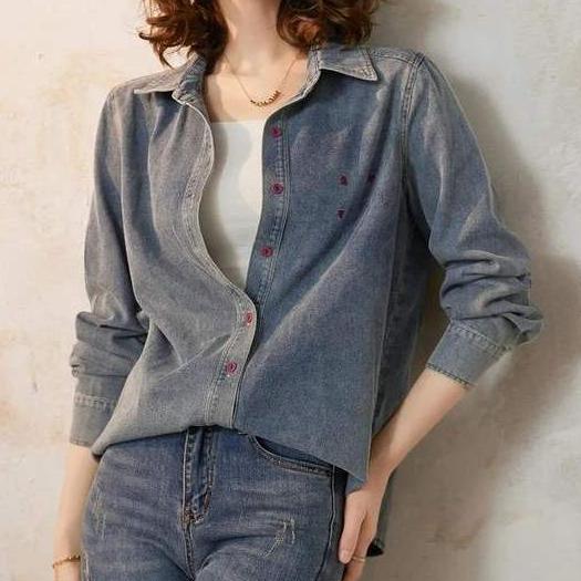 Spring Casual Denim Shirt with Embroidery