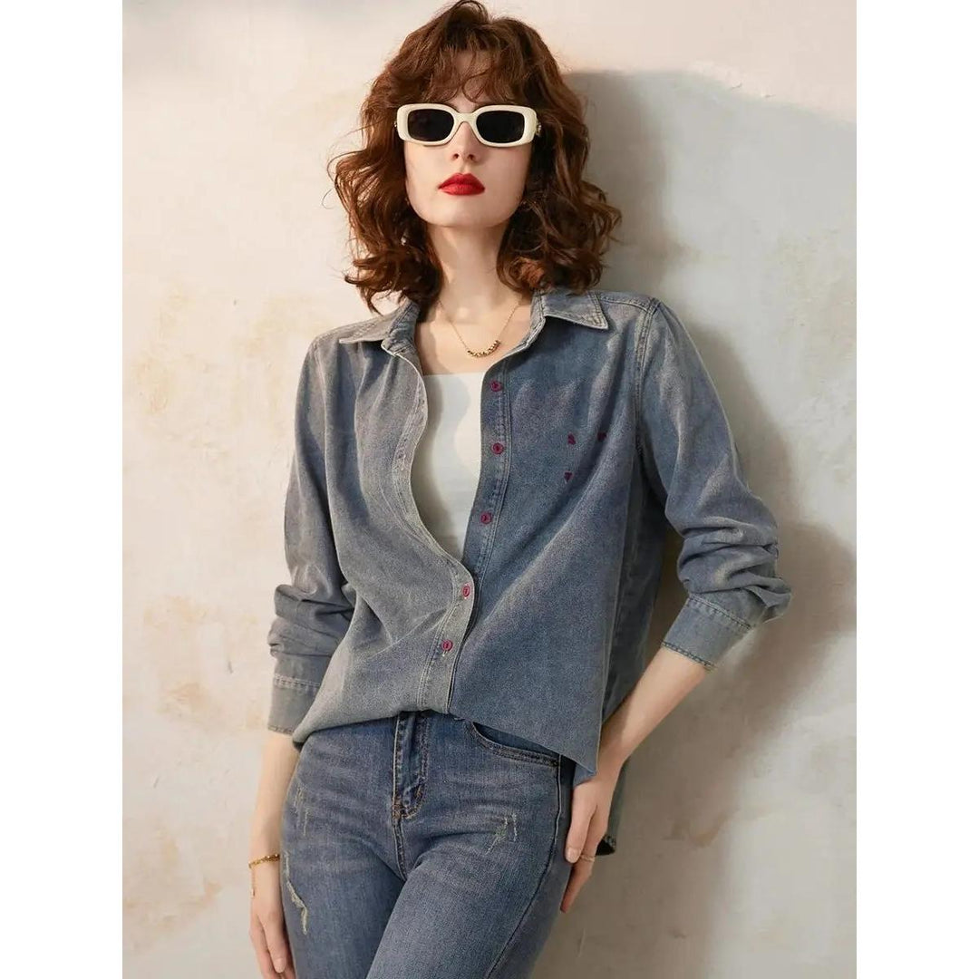 Spring Casual Denim Shirt with Embroidery