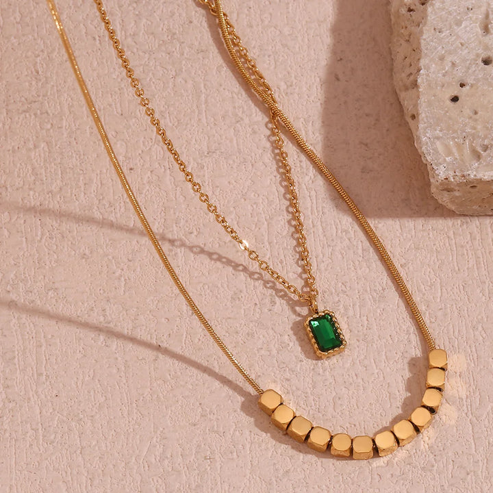 18K Gold Plated Green Rhinestone Pendant Double-Layer Necklace