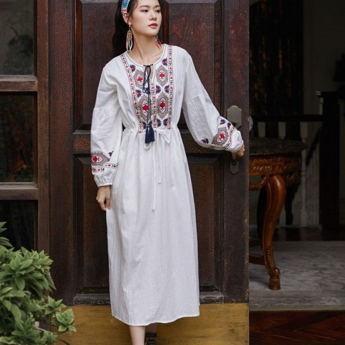 Cotton And Linen Embroidery Tassel Waist-tight Dress Ethnic Style Artistic