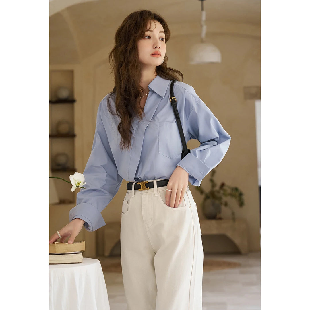 French Retro Turn-down Collar V Neck Long Sleeve Shirt for Women