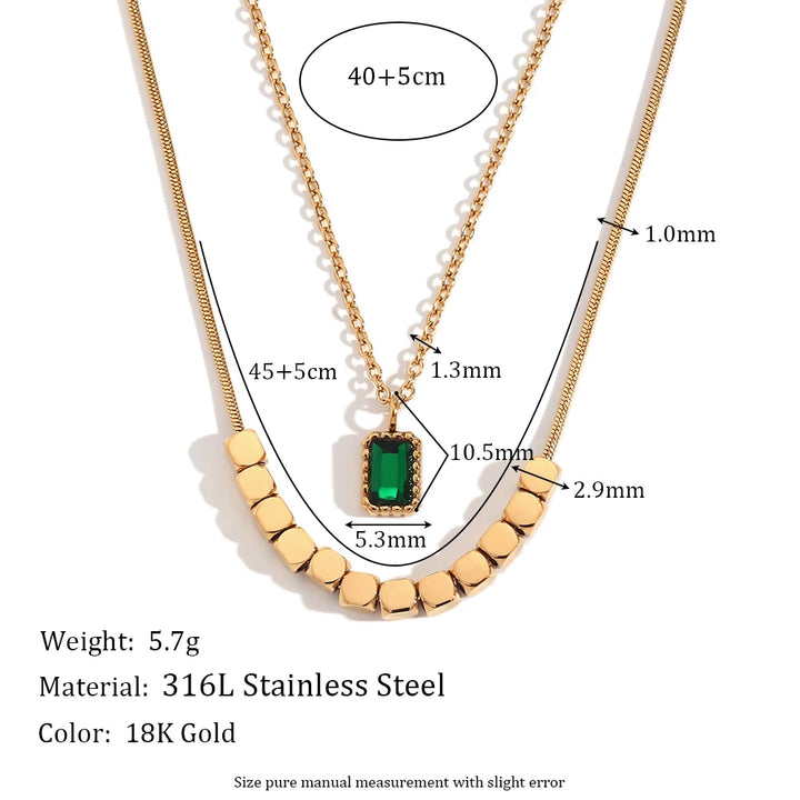 18K Gold Plated Green Rhinestone Pendant Double-Layer Necklace