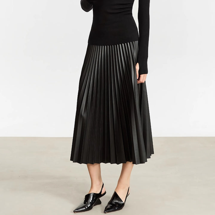 Minimalist A-Line Pleated Leather Skirt for Women