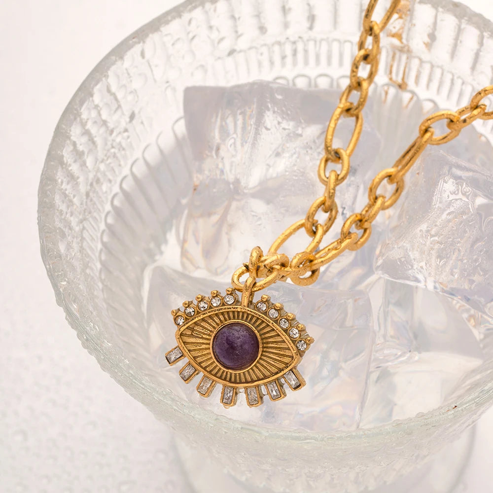 Stainless Steel Evil Eye Amethyst Necklace - 18K Gold Plated Talisman Jewelry