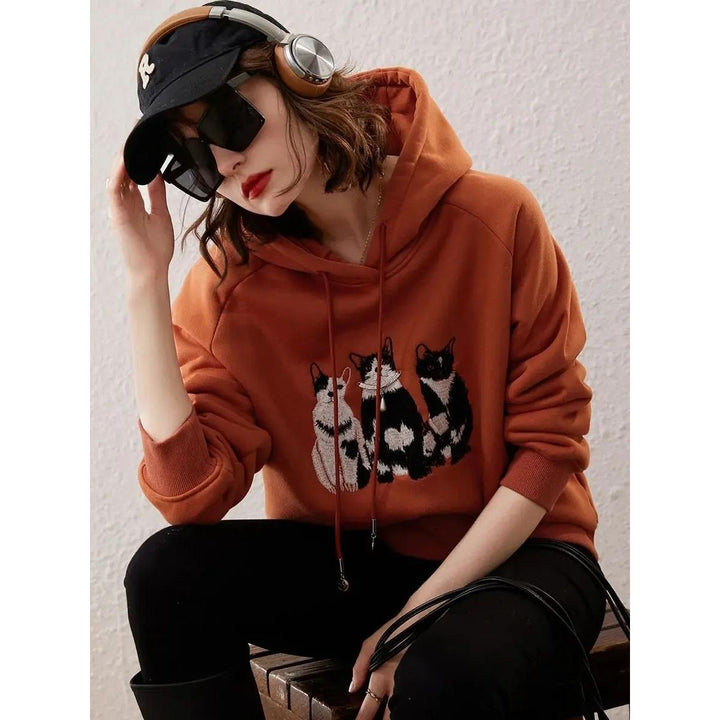 Plush Cat Embroidery Hooded Pullover Top