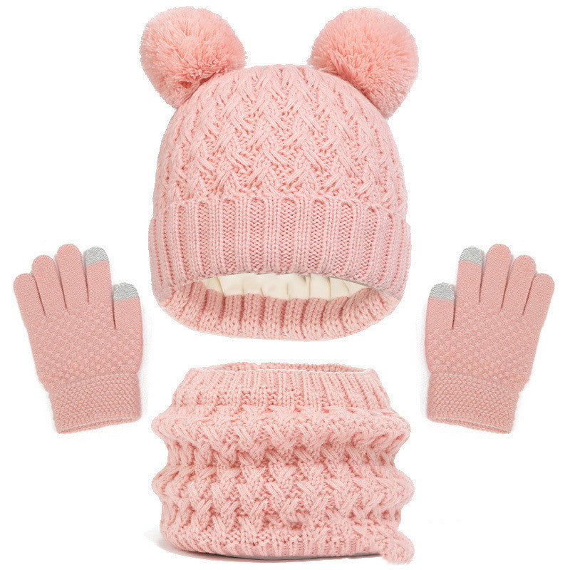 Children's Autumn And Winter Fleece-lined Thickened Double Ball Hat Scarf Gloves Three-piece Set