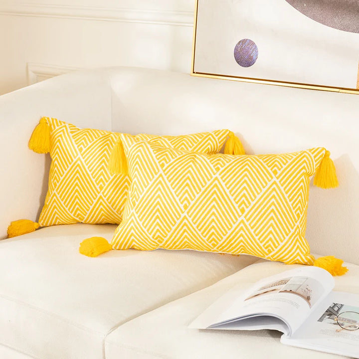 Yellow Geometric Embroidery Cushion Covers