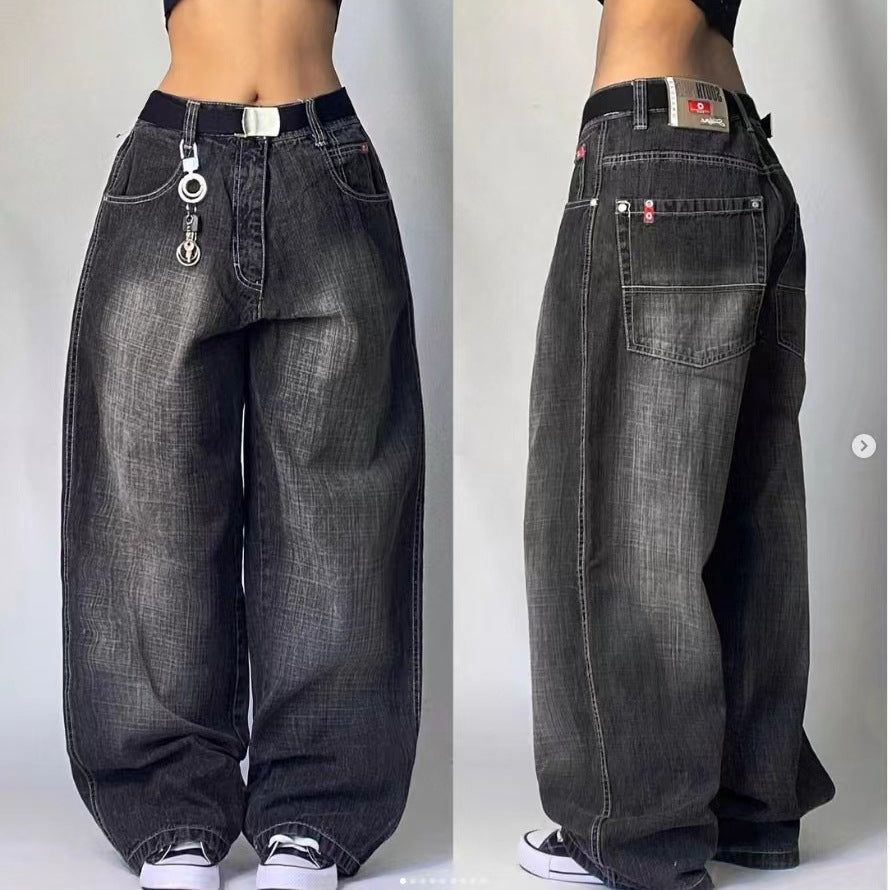 High Waist Retro Distressed Black Gray Wide-leg Jeans