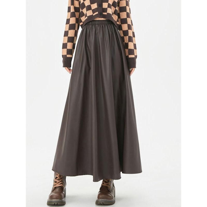 Autumn Winter Elegant A-Line Faux Leather Maxi Skirt