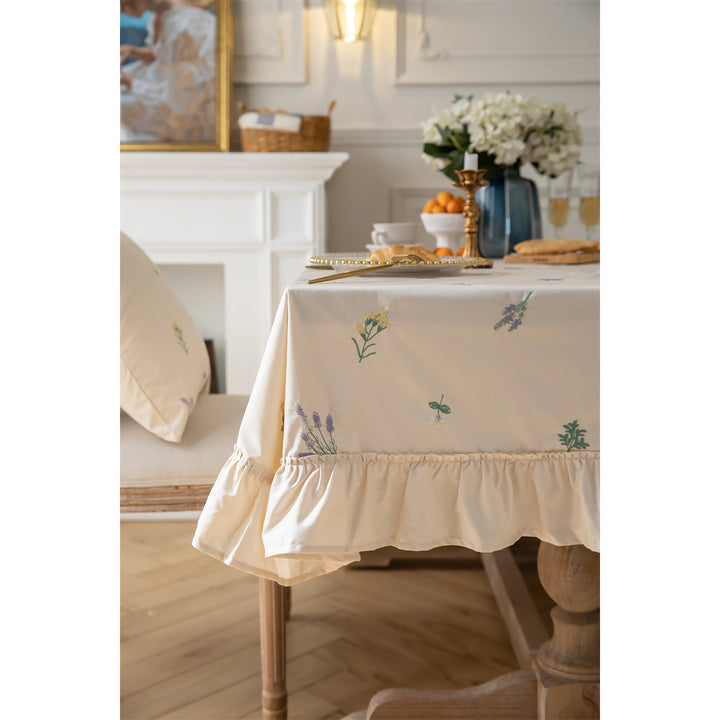 Elegant Cotton Apricot Embroidered Tablecloth with Lotus Leaf Edge