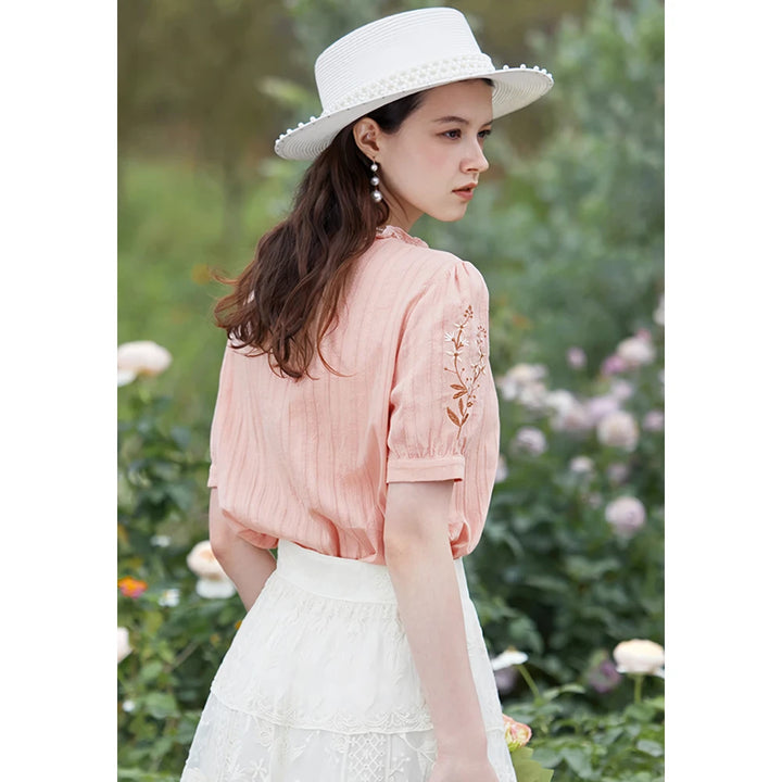 Elegant Floral Embroidered Summer Blouse with Stand Collar