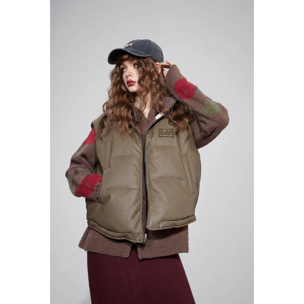 Graphic Brown PU Thick Vest - Warm Designer Outerwear