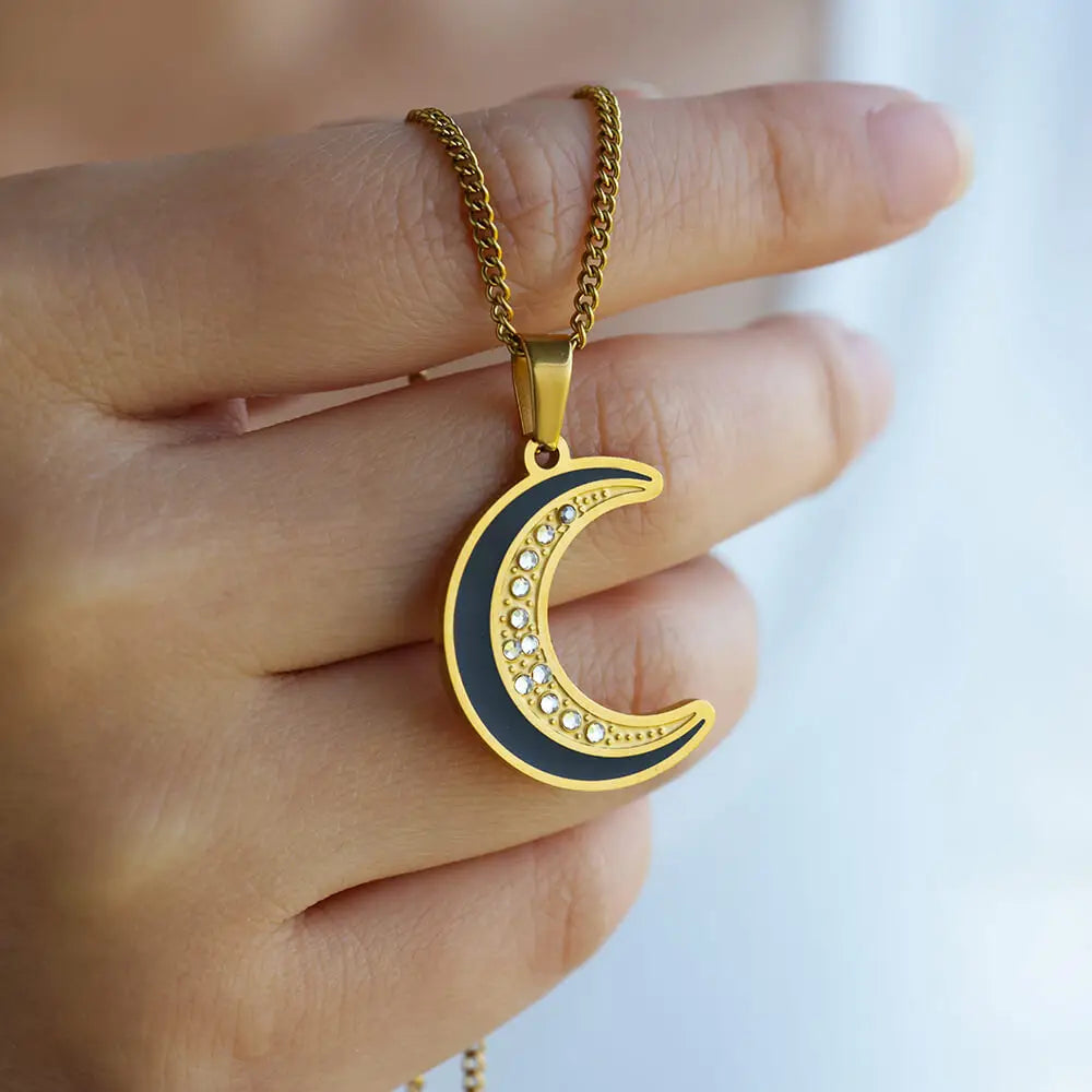 Gold Moon Pendant Necklace with Cubic Zirconia – Trendy Stainless Steel Jewelry