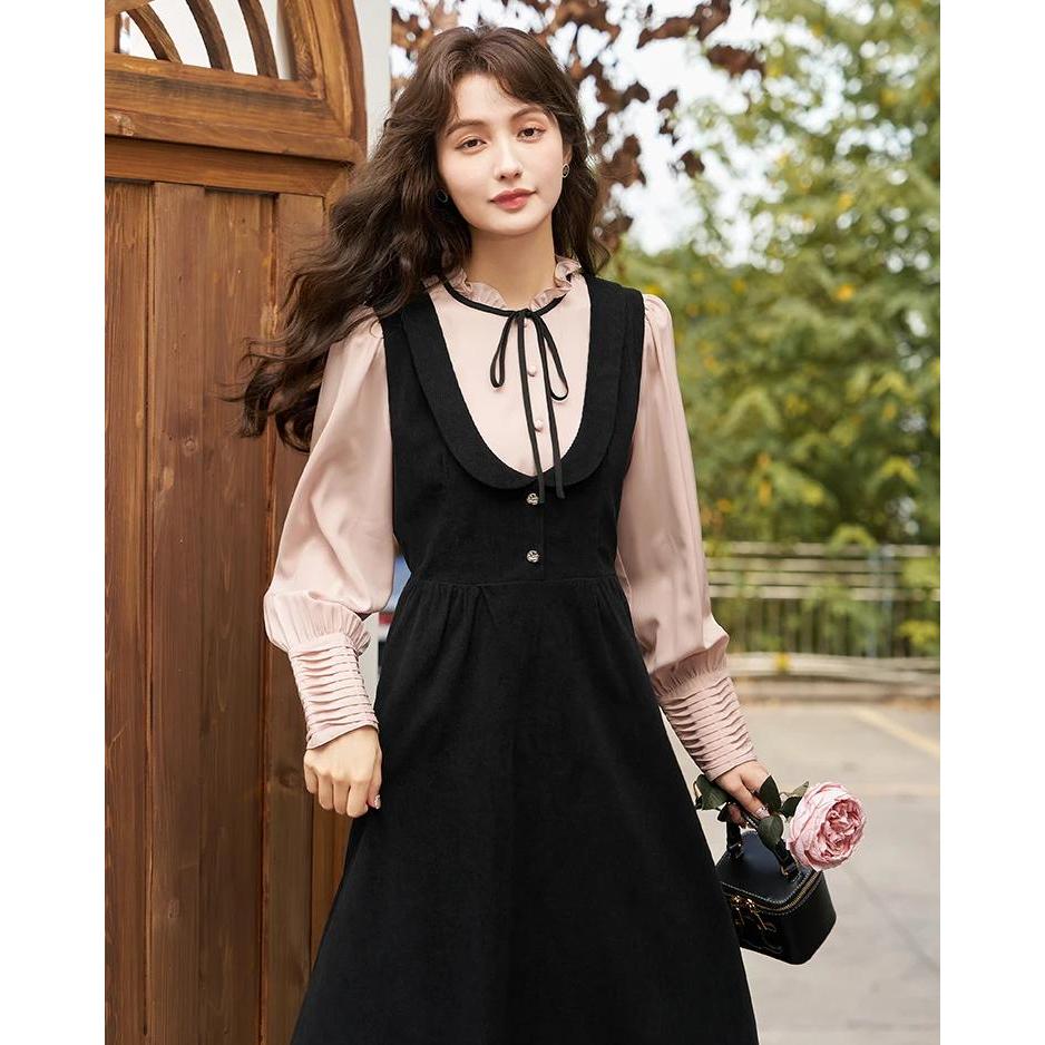 Elegant French Vintage A-Line Strap Dress for Autumn