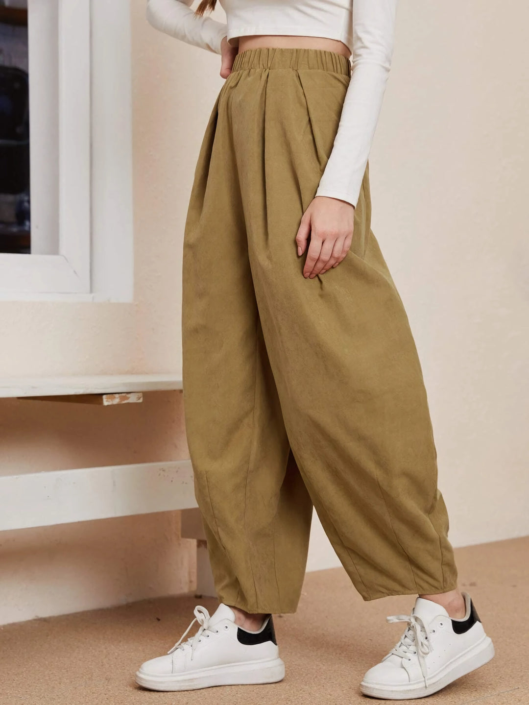 High-Waist Cotton Casual Trousers with Pockets - Loose Fit Autumn Pants