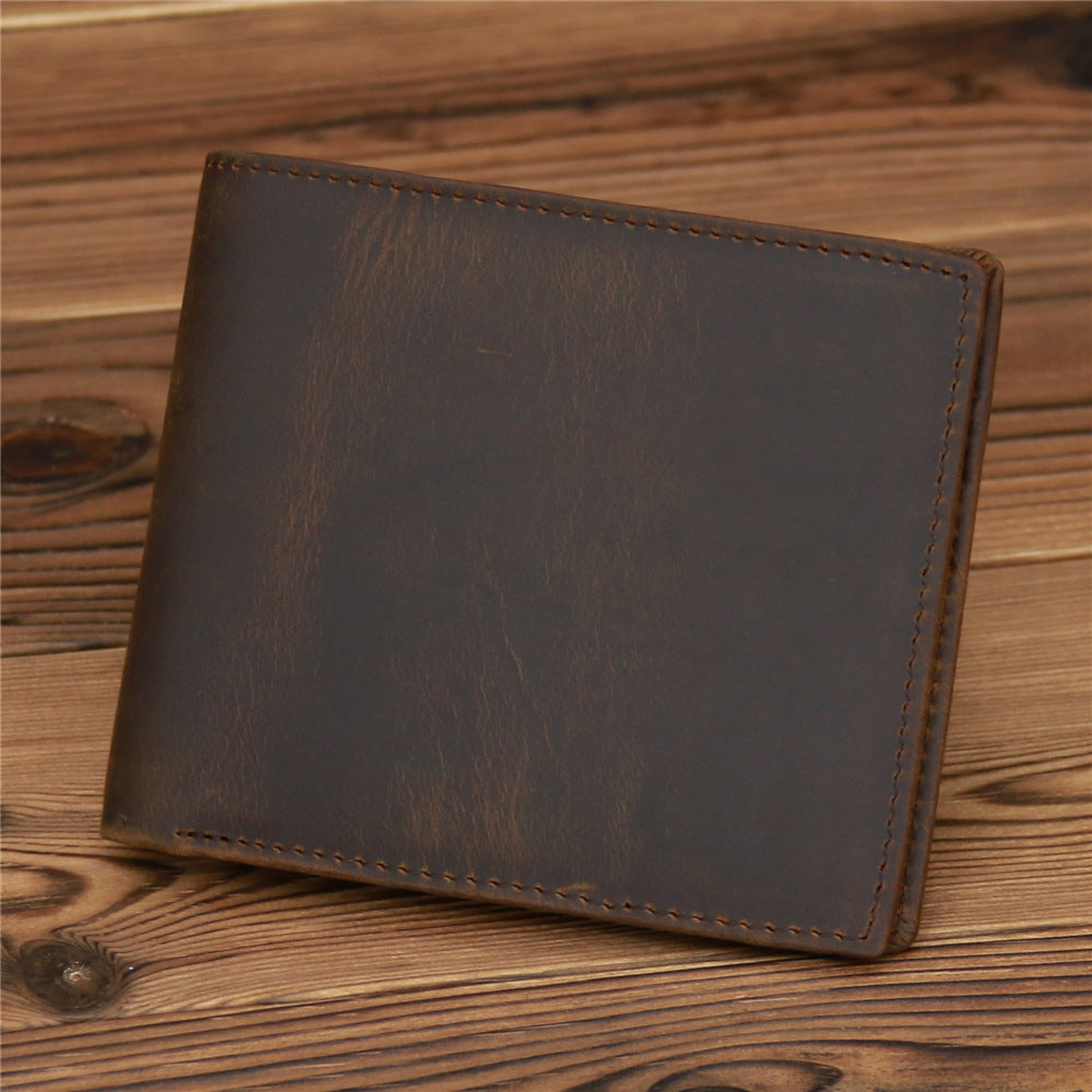 Leather Hand-stitched Short Wallet Crazy Horse Leather Cowhide Retro