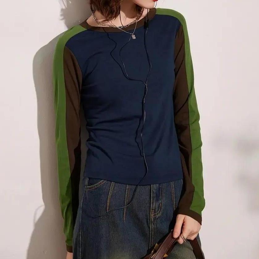 Spring Long Sleeve Casual Round Neck Contrast Color Pullover Top