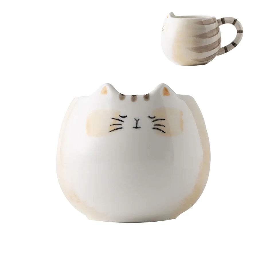 Cute Cat Shaped Ceramic Mug – Hand-painted 380ml Coffee and Tea Cup with Spoon