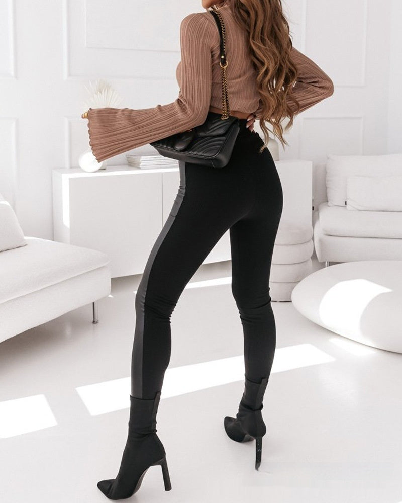 Leisure Fashion Double-breasted Pu Stitching Tights