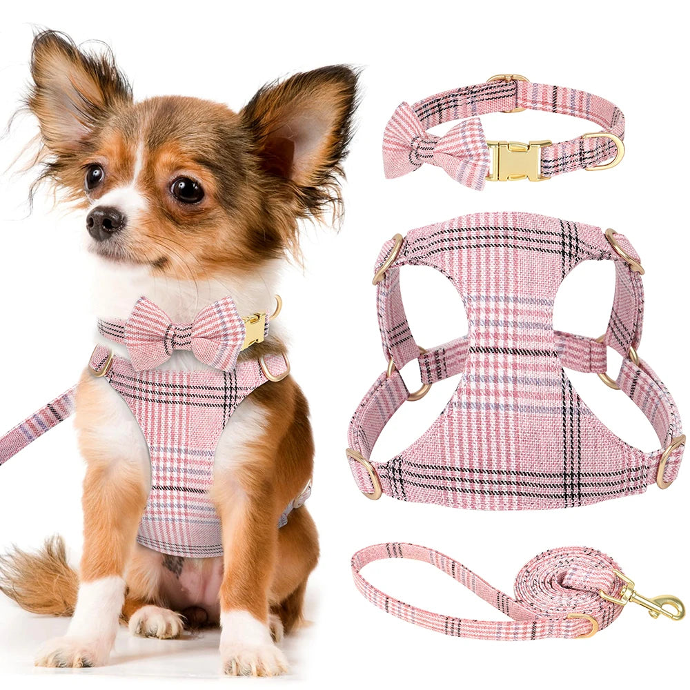 Fashion Dog Collar Harness Leash Set with Bowtie