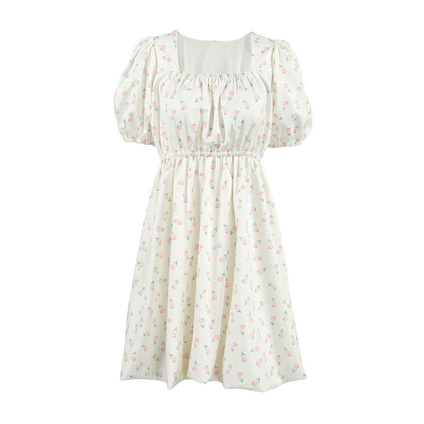 French Elegant Floral Puff Sleeve Dress