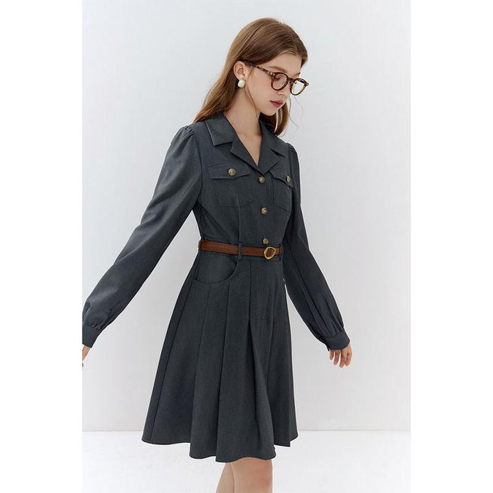 Elegant Grey Office Lady Belted Suit Dress