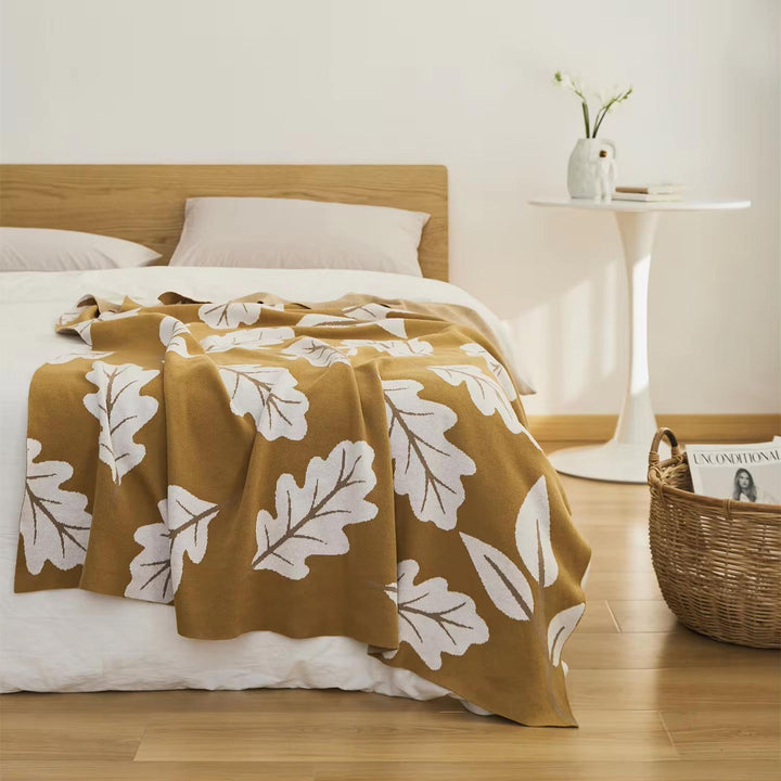 Floral Jacquard Knitted Cotton Throw Blanket for Bed and Outdoor Use