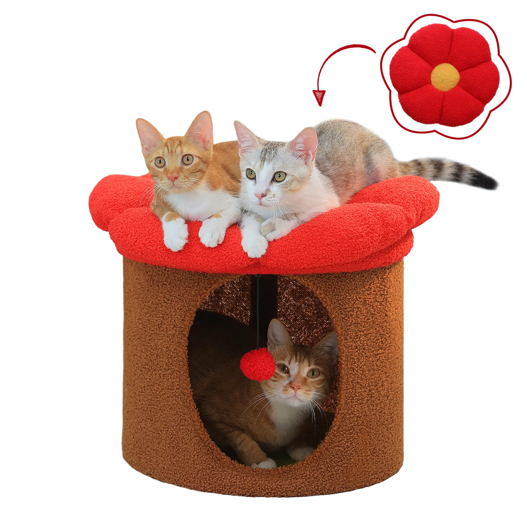 Cozy Flower Cat House with Pompom Ball - Double-Deck Cat Condo