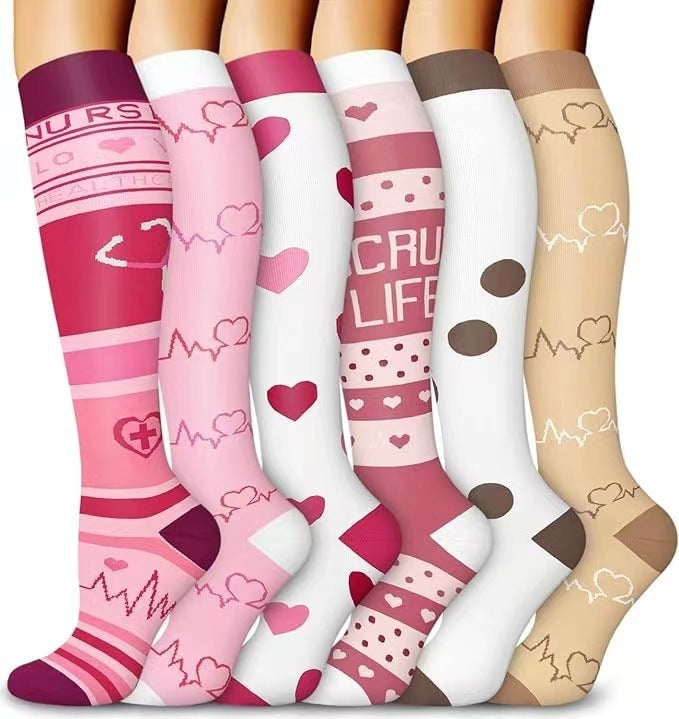 6 Pairs Combination Pattern Long Tube Sports Compression Stockings