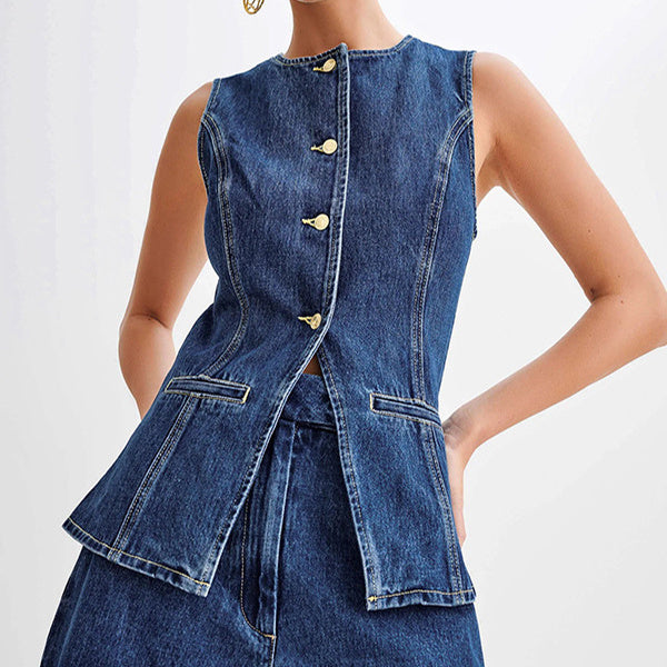 Fashion Denim Suit Summer Casual Sleeveless Button Vest Top And High Waist Shorts Set For Womens Clothing
