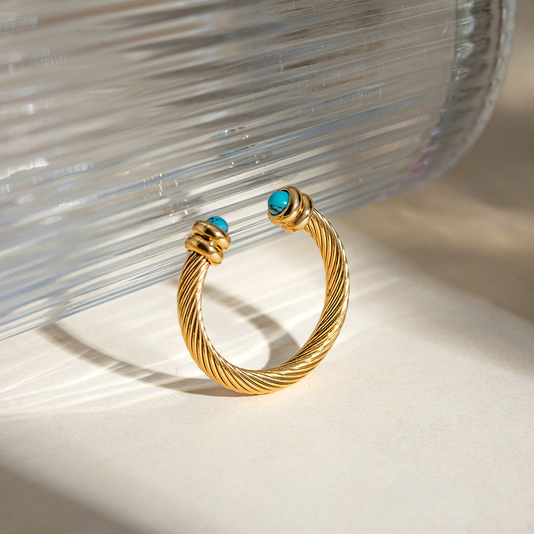 18K Gold Plated C-Shaped Twisty Open Ring with Natural Stone