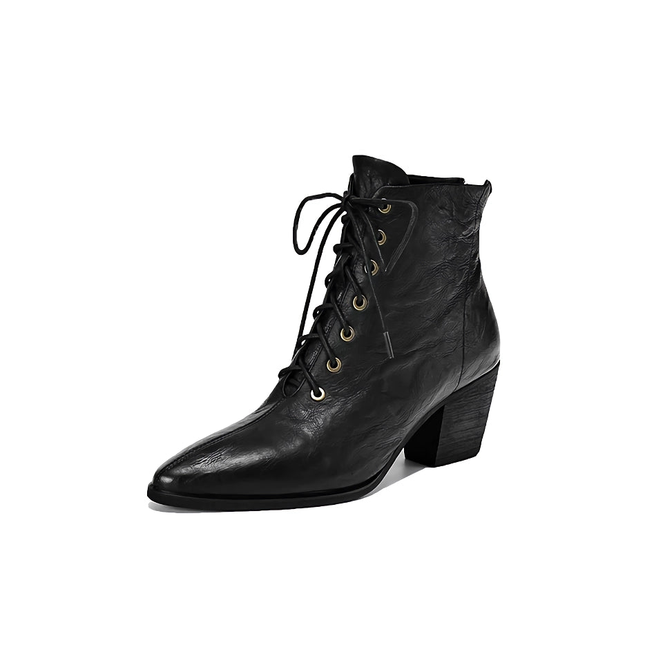 Women's Genuine Leather Pointed Toe Chunky Ankle Boots