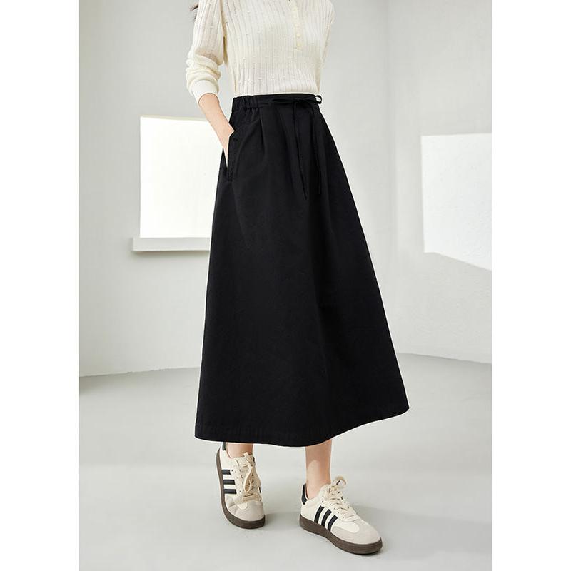 Elegant Black Cotton Midi Skirt with Pockets